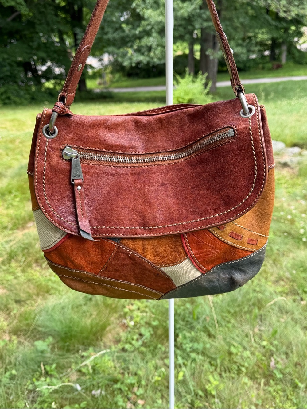 Fossil Patchwork Leather Shoulder Bag Key Charm Y2K Boho Purse